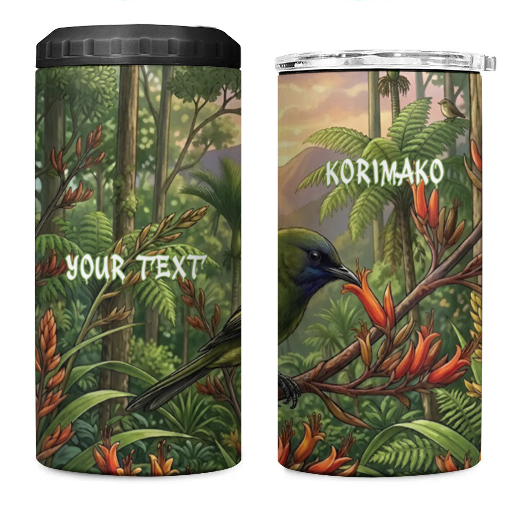 Bellbird New Zealand Personalised 4 in 1 Can Cooler Tumbler Korimako Harakeke Flower Native Forest
