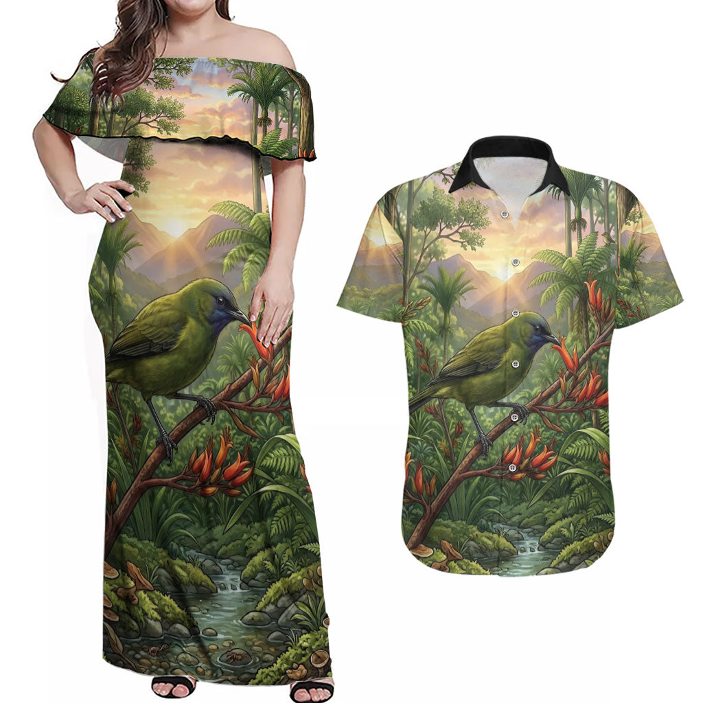 Bellbird New Zealand Personalised Couples Matching Off Shoulder Maxi Dress and Hawaiian Shirt Korimako Harakeke Flower Native Forest LT22 Green - Polynesian Pride