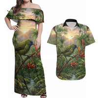 Bellbird New Zealand Personalised Couples Matching Off Shoulder Maxi Dress and Hawaiian Shirt Korimako Harakeke Flower Native Forest LT22 Green - Polynesian Pride
