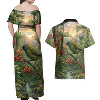 Bellbird New Zealand Personalised Couples Matching Off Shoulder Maxi Dress and Hawaiian Shirt Korimako Harakeke Flower Native Forest LT22 - Polynesian Pride