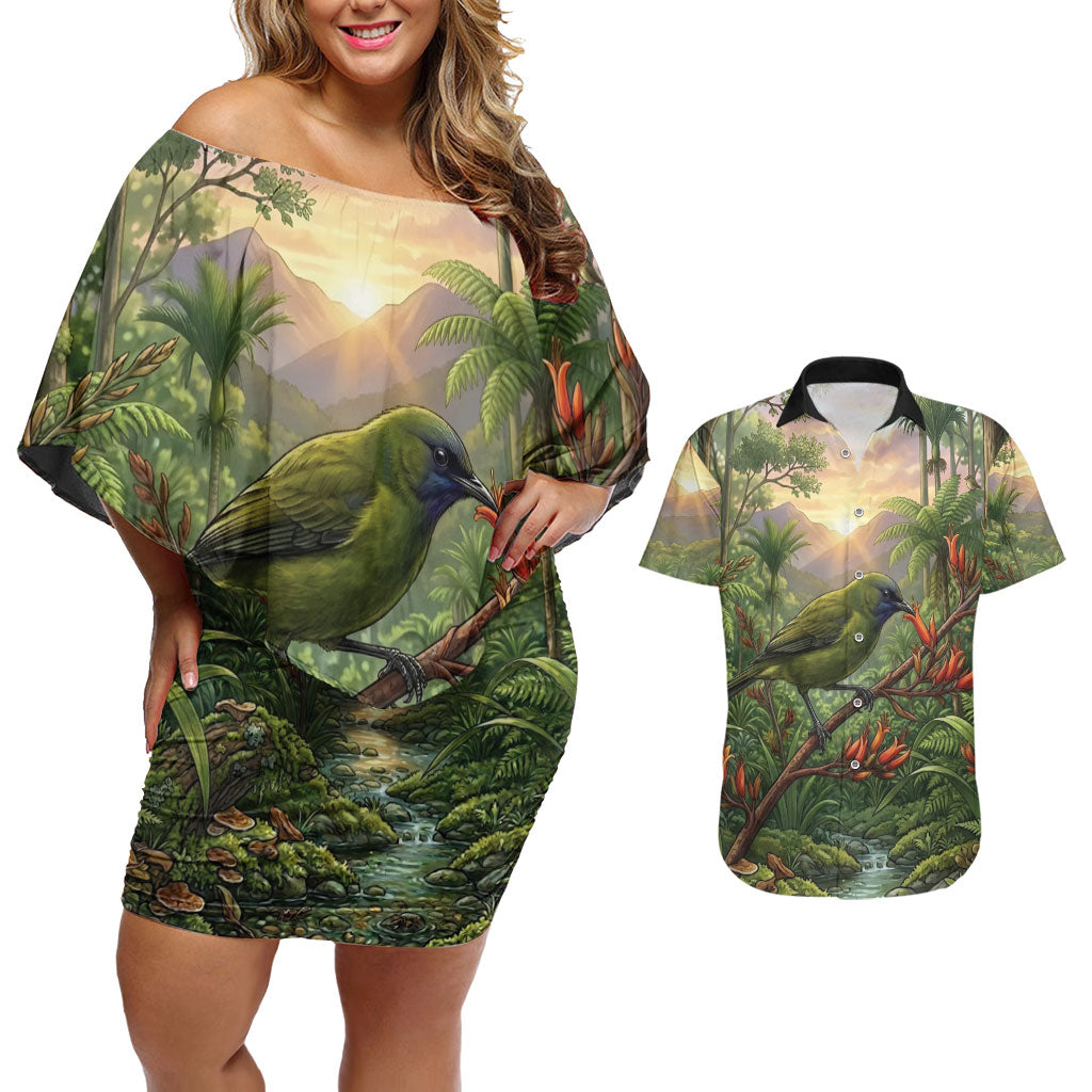 Bellbird New Zealand Personalised Couples Matching Off Shoulder Short Dress and Hawaiian Shirt Korimako Harakeke Flower Native Forest