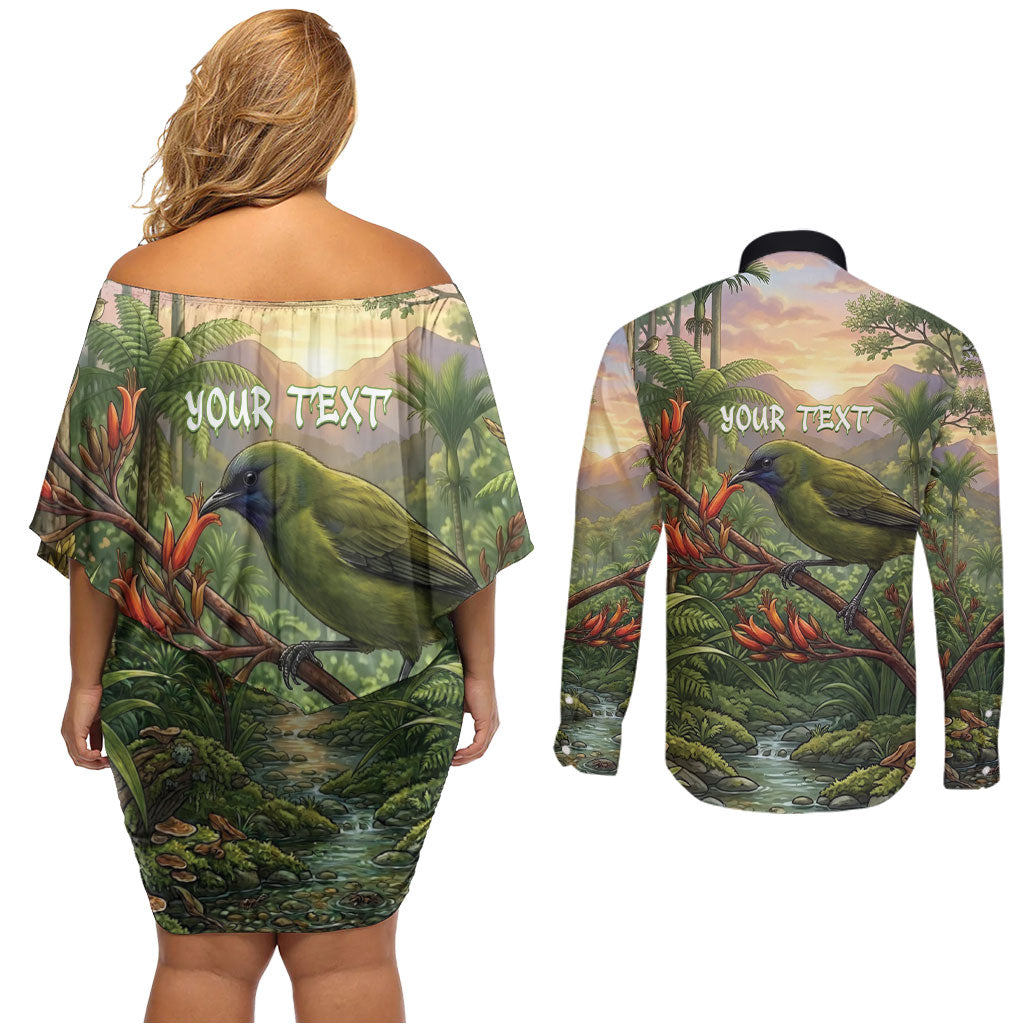 Bellbird New Zealand Personalised Couples Matching Off Shoulder Short Dress and Long Sleeve Button Shirt Korimako Harakeke Flower Native Forest
