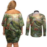 Bellbird New Zealand Personalised Couples Matching Off Shoulder Short Dress and Long Sleeve Button Shirt Korimako Harakeke Flower Native Forest