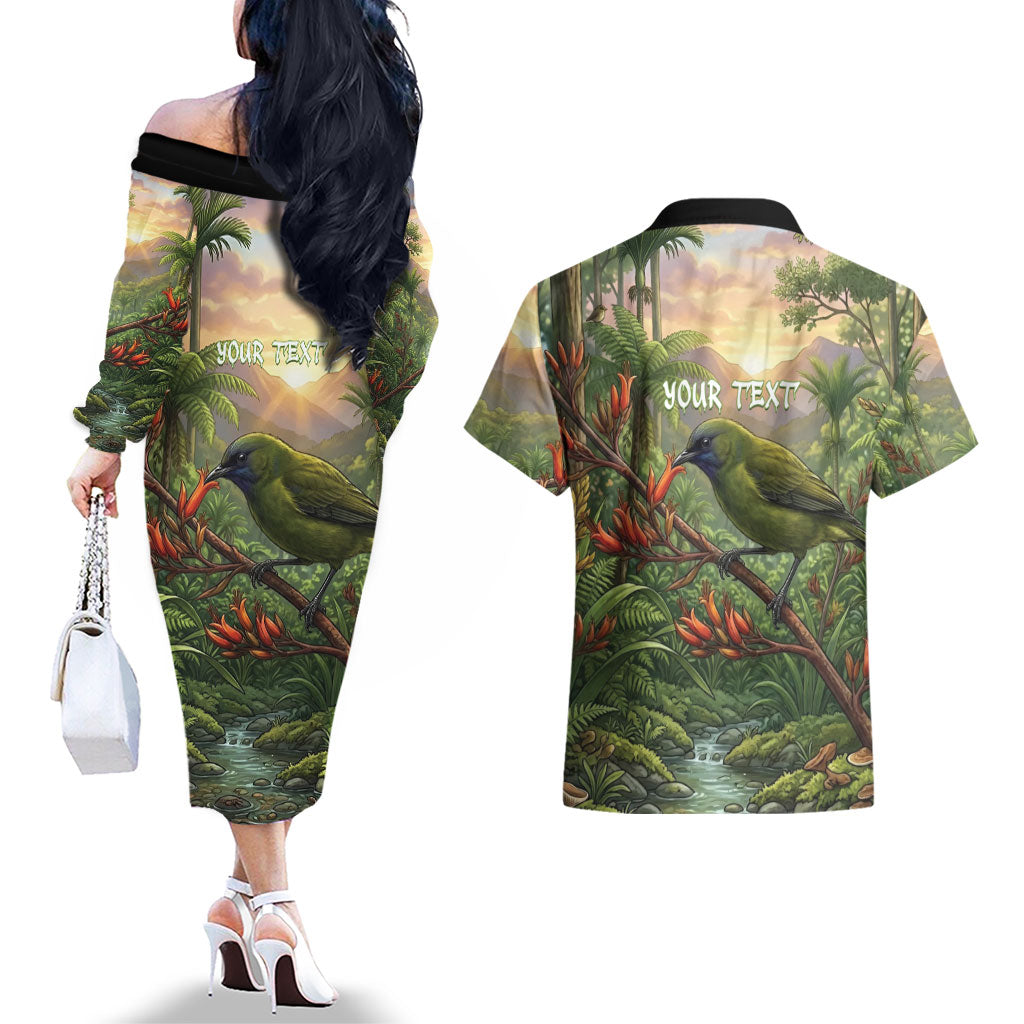 Bellbird New Zealand Personalised Couples Matching Off The Shoulder Long Sleeve Dress and Hawaiian Shirt Korimako Harakeke Flower Native Forest