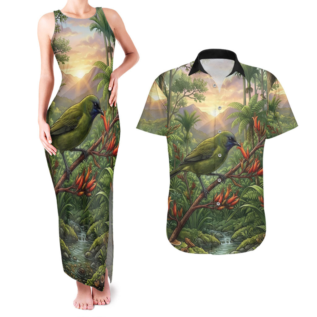 Bellbird New Zealand Personalised Couples Matching Tank Maxi Dress and Hawaiian Shirt Korimako Harakeke Flower Native Forest