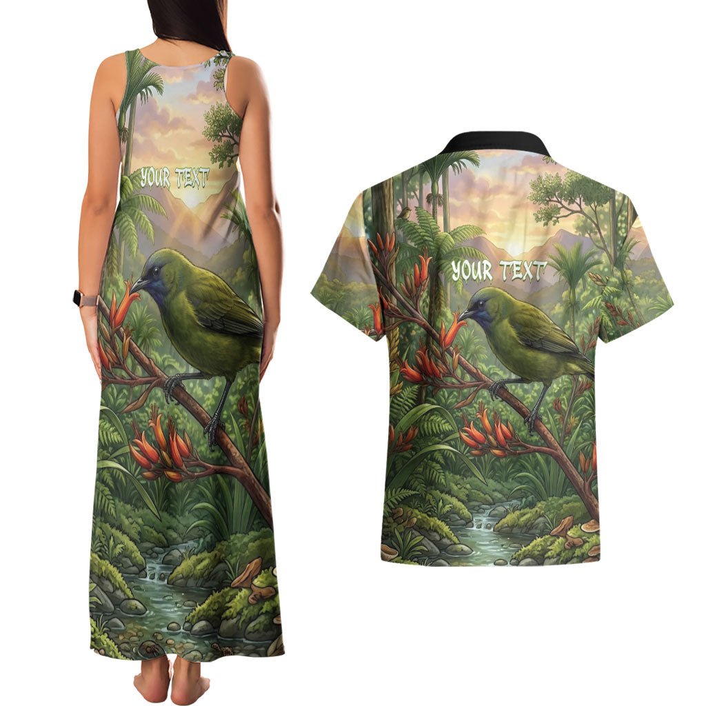 Bellbird New Zealand Personalised Couples Matching Tank Maxi Dress and Hawaiian Shirt Korimako Harakeke Flower Native Forest