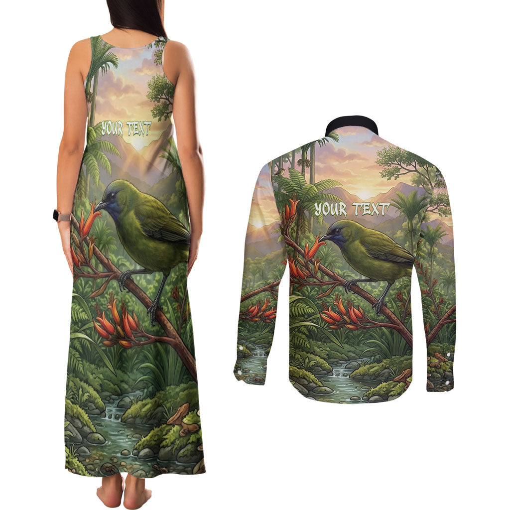 Bellbird New Zealand Personalised Couples Matching Tank Maxi Dress and Long Sleeve Button Shirt Korimako Harakeke Flower Native Forest