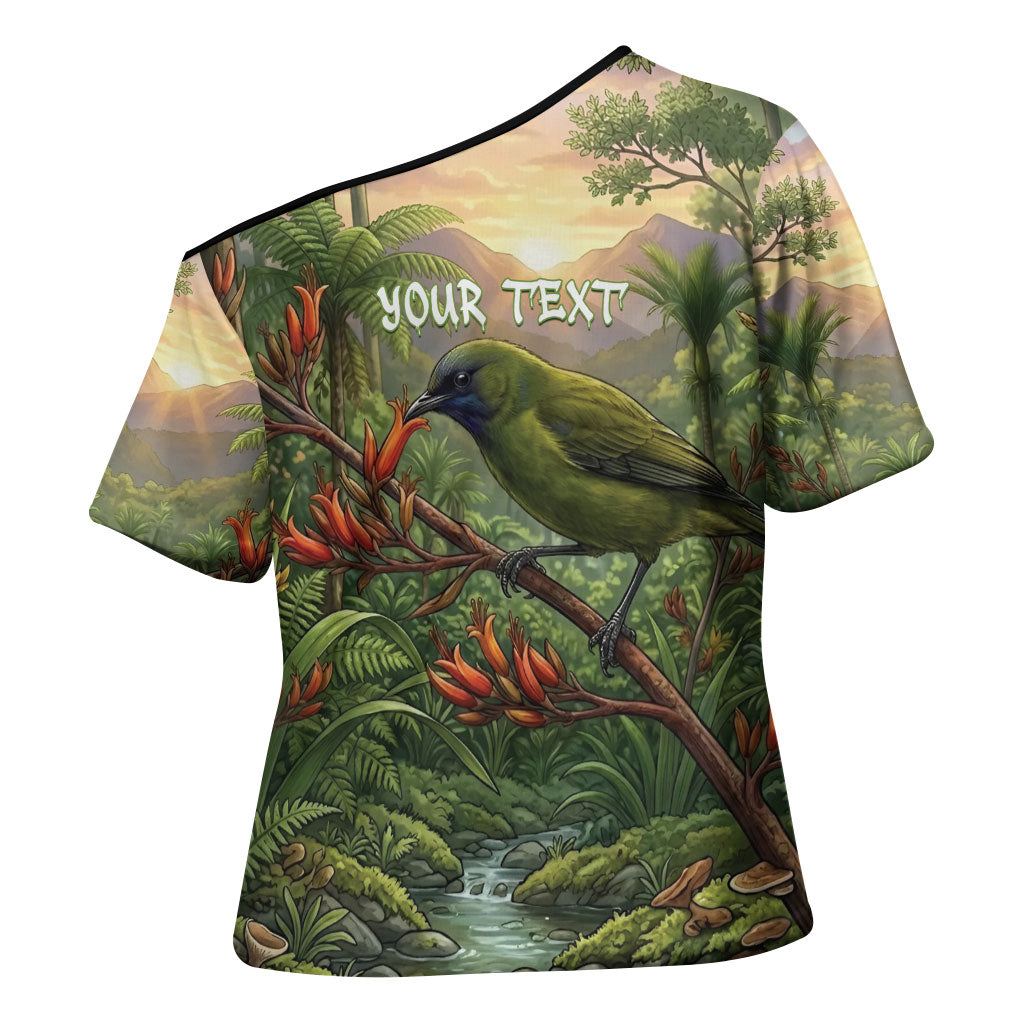 Bellbird New Zealand Personalised Cross Shoulder Shirt Korimako Harakeke Flower Native Forest