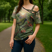 Bellbird New Zealand Personalised Cross Shoulder Shirt Korimako Harakeke Flower Native Forest