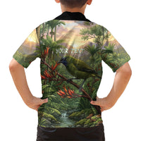 Bellbird New Zealand Personalised Family Matching Long Sleeve Bodycon Dress and Hawaiian Shirt Korimako Harakeke Flower Native Forest