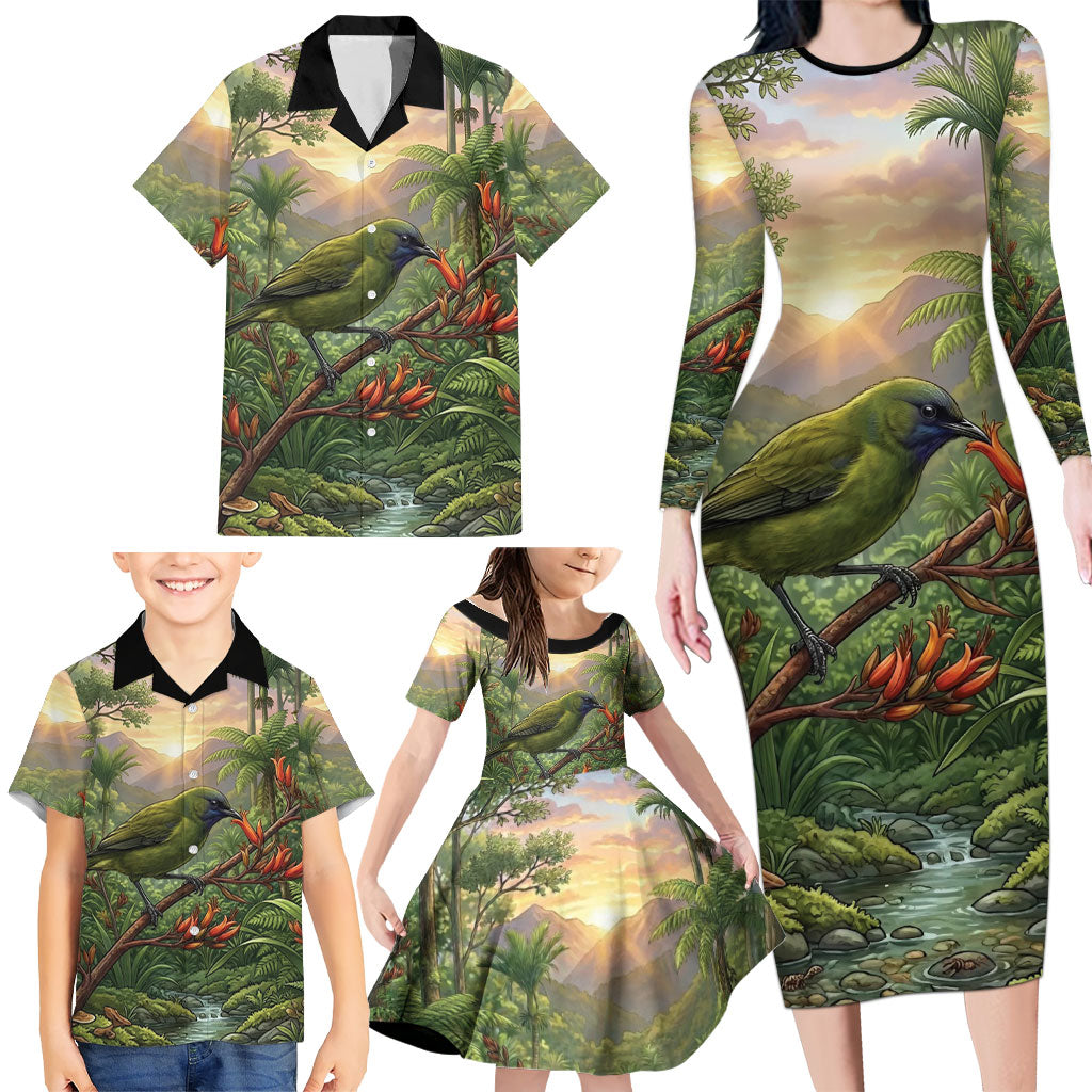 Bellbird New Zealand Personalised Family Matching Long Sleeve Bodycon Dress and Hawaiian Shirt Korimako Harakeke Flower Native Forest