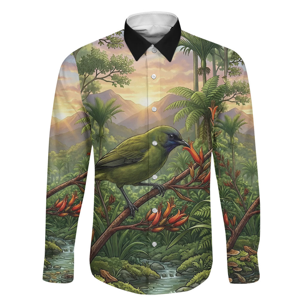 Bellbird New Zealand Personalised Family Matching Long Sleeve Bodycon Dress and Hawaiian Shirt Korimako Harakeke Flower Native Forest