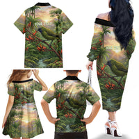 Bellbird New Zealand Personalised Family Matching Off The Shoulder Long Sleeve Dress and Hawaiian Shirt Korimako Harakeke Flower Native Forest