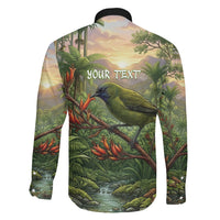 Bellbird New Zealand Personalised Family Matching Off The Shoulder Long Sleeve Dress and Hawaiian Shirt Korimako Harakeke Flower Native Forest
