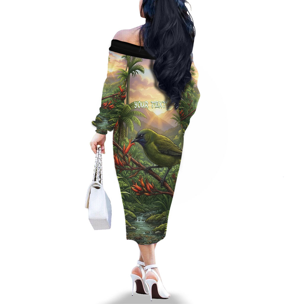 Bellbird New Zealand Personalised Family Matching Off The Shoulder Long Sleeve Dress and Hawaiian Shirt Korimako Harakeke Flower Native Forest
