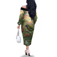 Bellbird New Zealand Personalised Family Matching Off The Shoulder Long Sleeve Dress and Hawaiian Shirt Korimako Harakeke Flower Native Forest