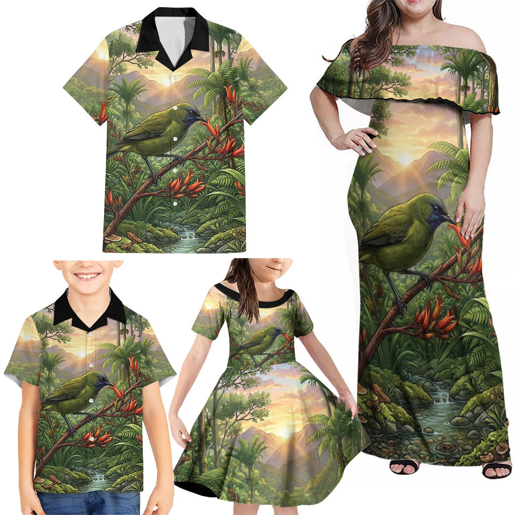 Bellbird New Zealand Personalised Family Matching Off Shoulder Maxi Dress and Hawaiian Shirt Korimako Harakeke Flower Native Forest