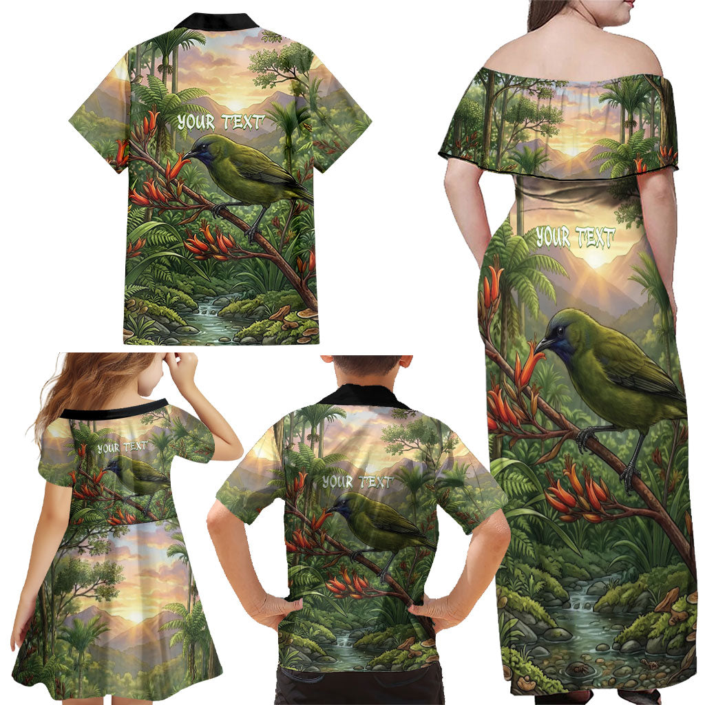 Bellbird New Zealand Personalised Family Matching Off Shoulder Maxi Dress and Hawaiian Shirt Korimako Harakeke Flower Native Forest