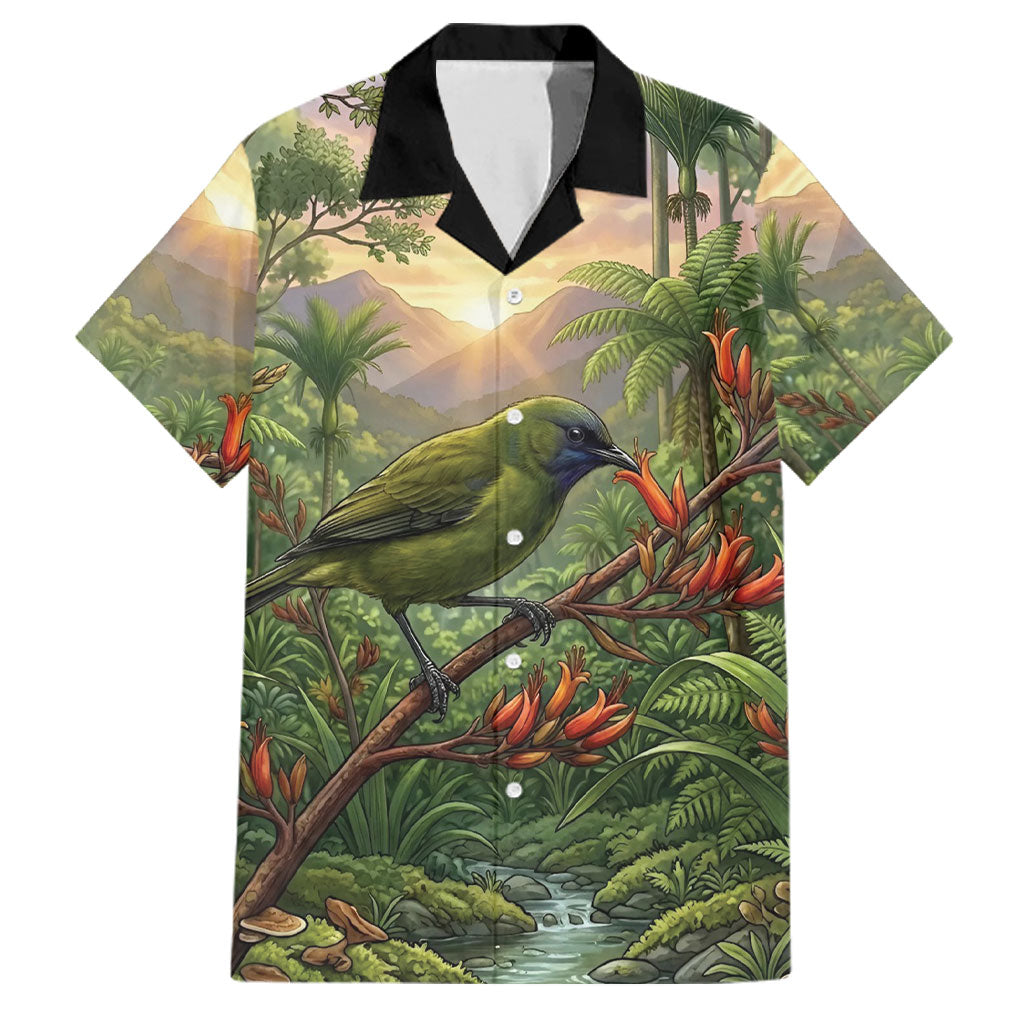 Bellbird New Zealand Personalised Family Matching Off Shoulder Maxi Dress and Hawaiian Shirt Korimako Harakeke Flower Native Forest