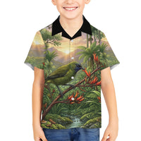 Bellbird New Zealand Personalised Family Matching Off Shoulder Maxi Dress and Hawaiian Shirt Korimako Harakeke Flower Native Forest
