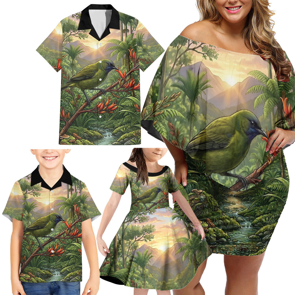 Bellbird New Zealand Personalised Family Matching Off Shoulder Short Dress and Hawaiian Shirt Korimako Harakeke Flower Native Forest