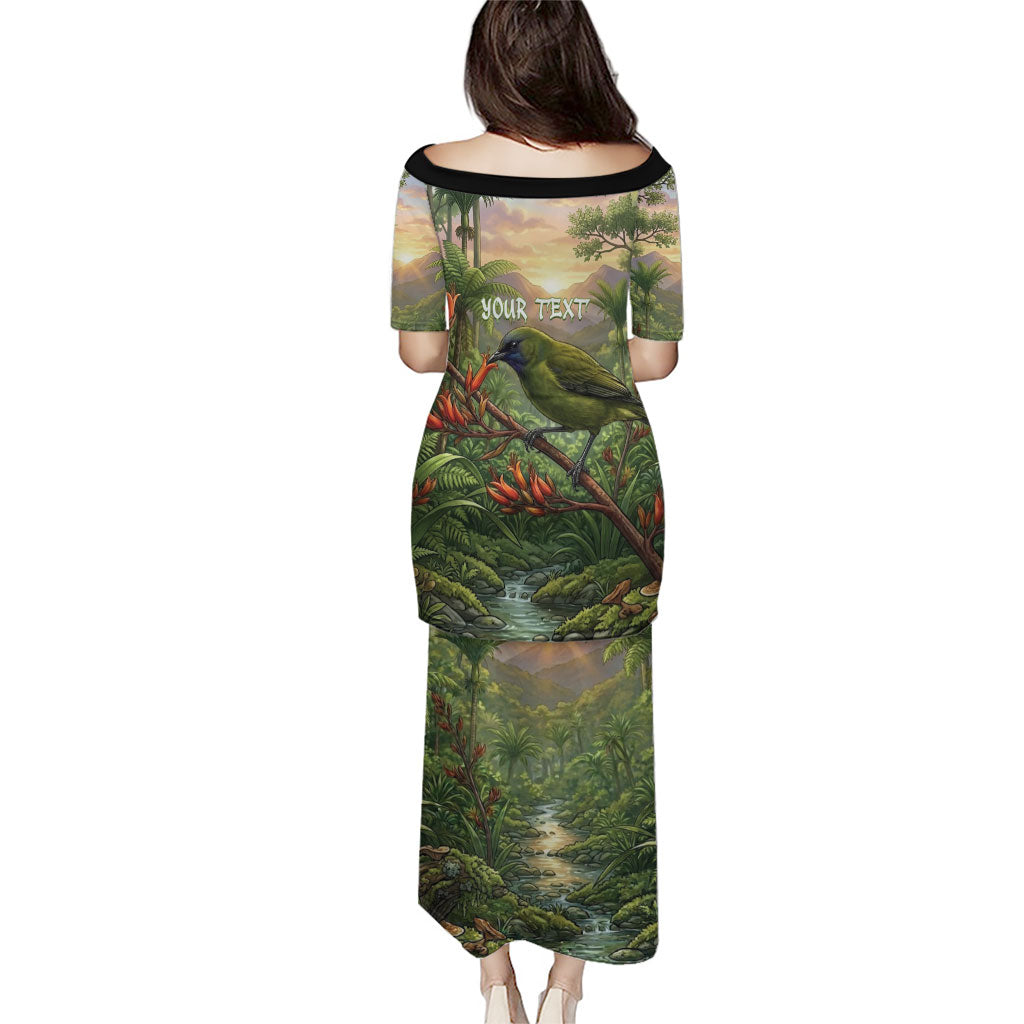 Bellbird New Zealand Personalised Family Matching Puletasi and Hawaiian Shirt Korimako Harakeke Flower Native Forest