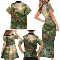 Bellbird New Zealand Personalised Family Matching Short Sleeve Bodycon Dress and Hawaiian Shirt Korimako Harakeke Flower Native Forest