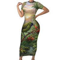 Bellbird New Zealand Personalised Family Matching Short Sleeve Bodycon Dress and Hawaiian Shirt Korimako Harakeke Flower Native Forest