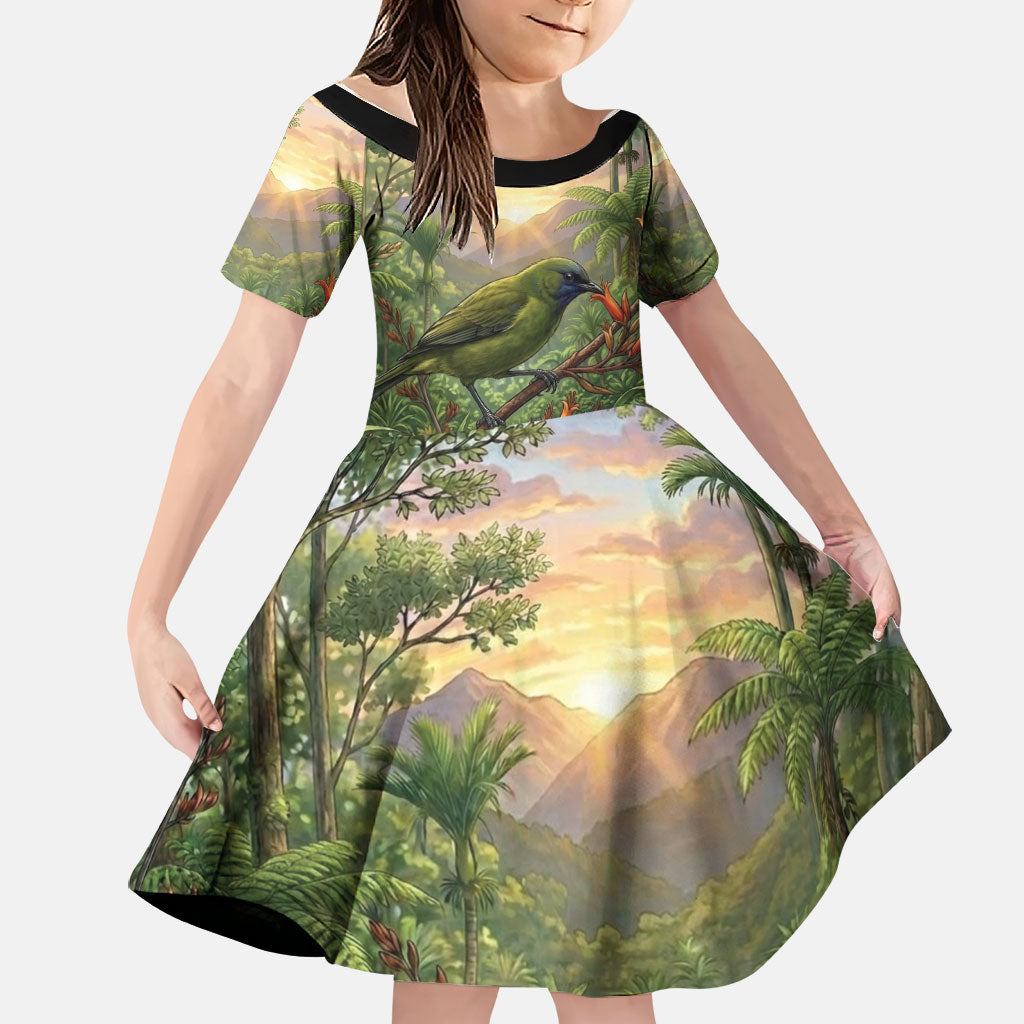 Bellbird New Zealand Personalised Family Matching Tank Maxi Dress and Hawaiian Shirt Korimako Harakeke Flower Native Forest