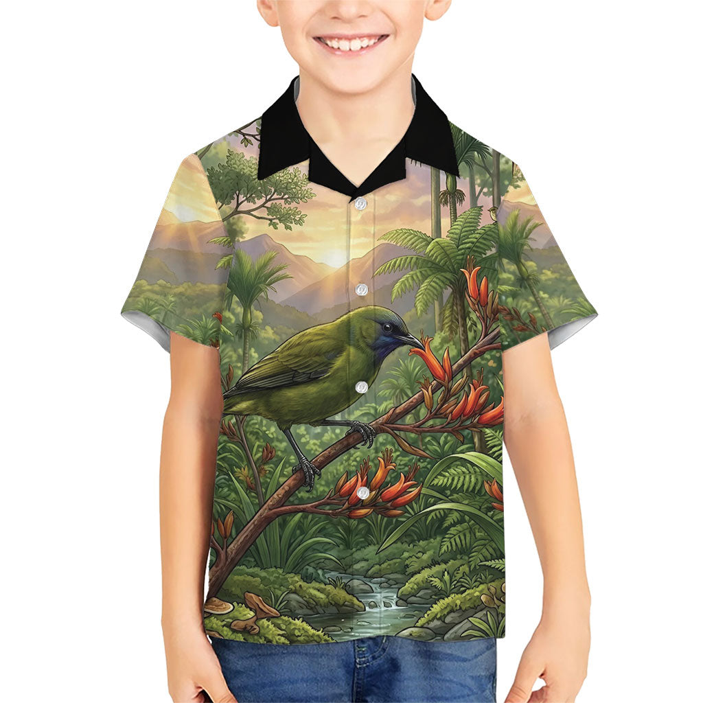 Bellbird New Zealand Personalised Hawaiian Shirt Korimako Harakeke Flower Native Forest