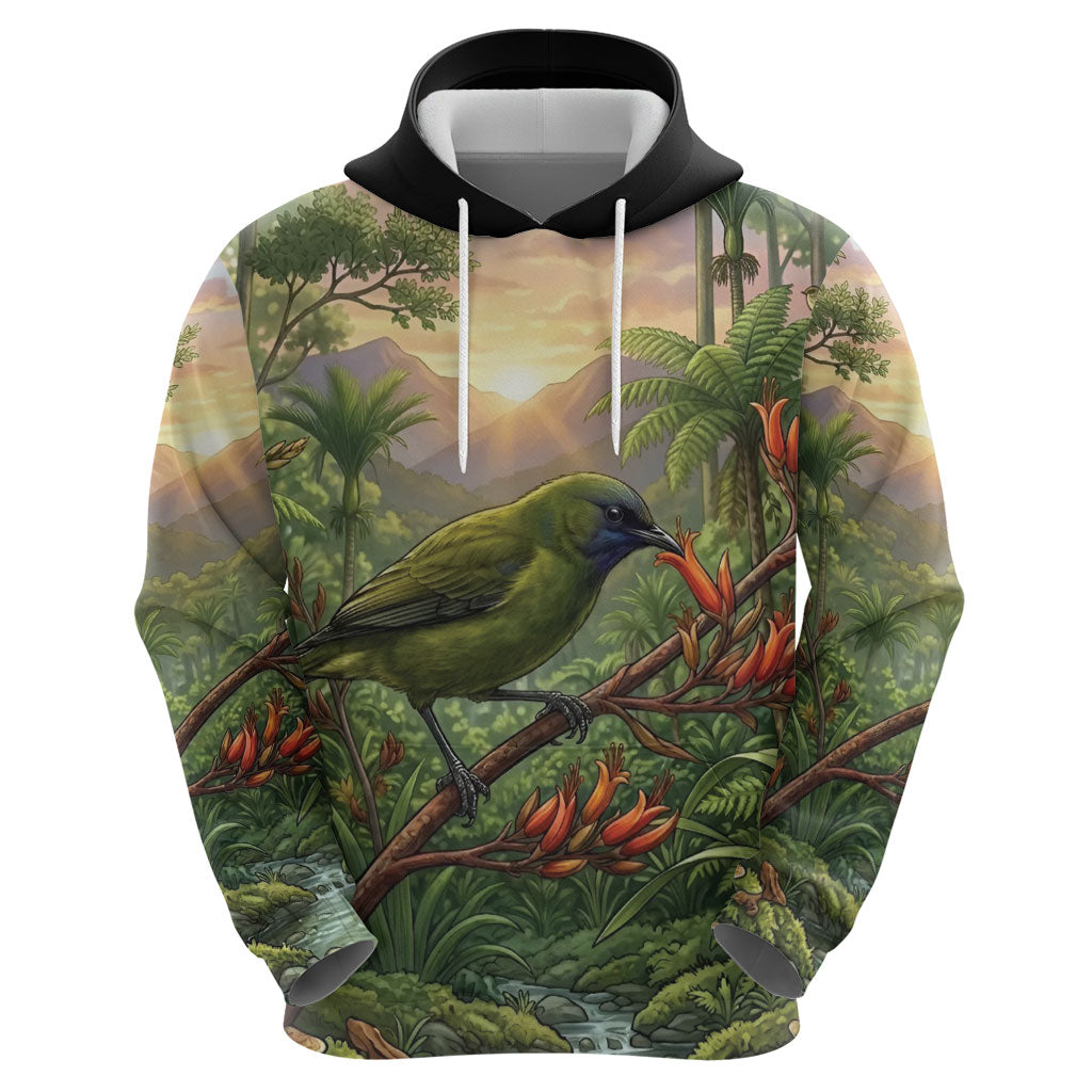 Bellbird New Zealand Personalised Hoodie Korimako Harakeke Flower Native Forest