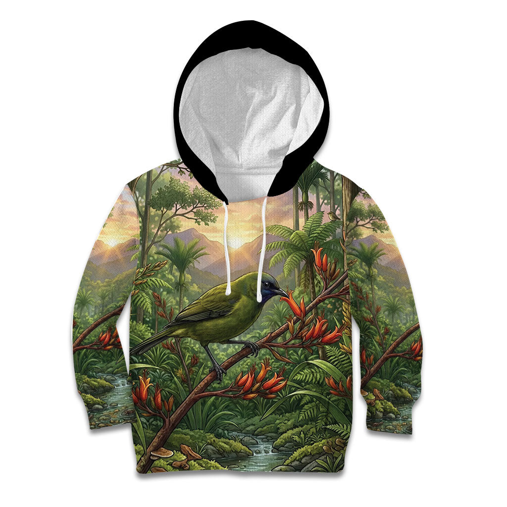 Bellbird New Zealand Personalised Kid Hoodie Korimako Harakeke Flower Native Forest LT22 Hoodie Green - Polynesian Pride