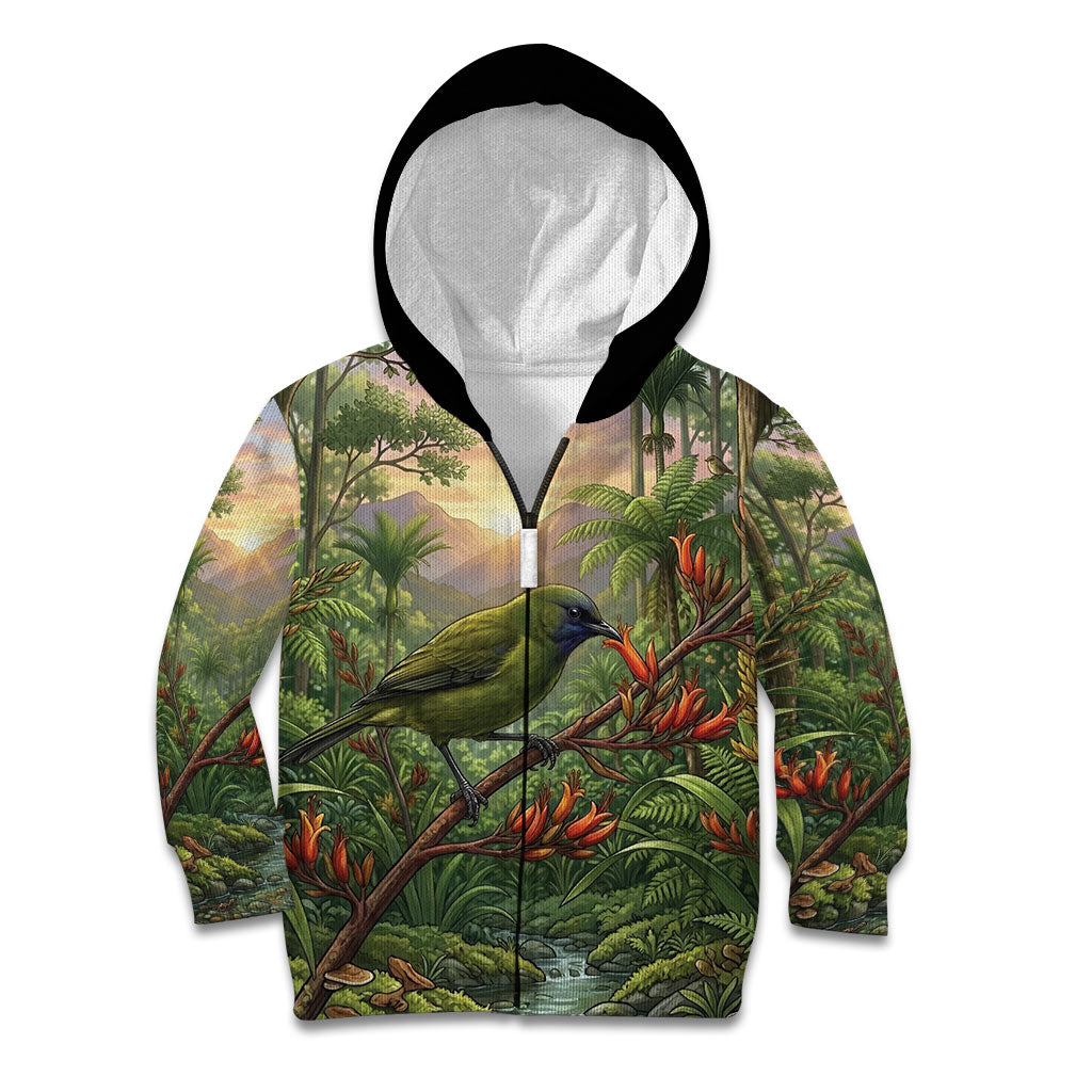 Bellbird New Zealand Personalised Kid Hoodie Korimako Harakeke Flower Native Forest LT22 Zip Hoodie Green - Polynesian Pride