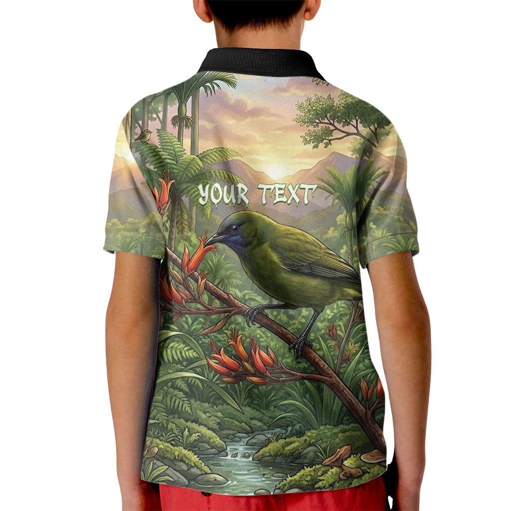 Bellbird New Zealand Personalised Kid Polo Shirt Korimako Harakeke Flower Native Forest