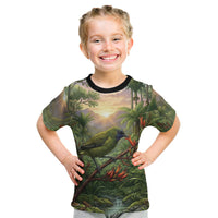 Bellbird New Zealand Personalised Kid T Shirt Korimako Harakeke Flower Native Forest LT22 Green - Polynesian Pride