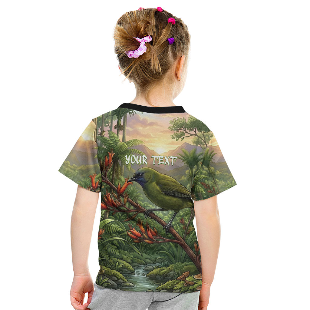 Bellbird New Zealand Personalised Kid T Shirt Korimako Harakeke Flower Native Forest LT22 - Polynesian Pride
