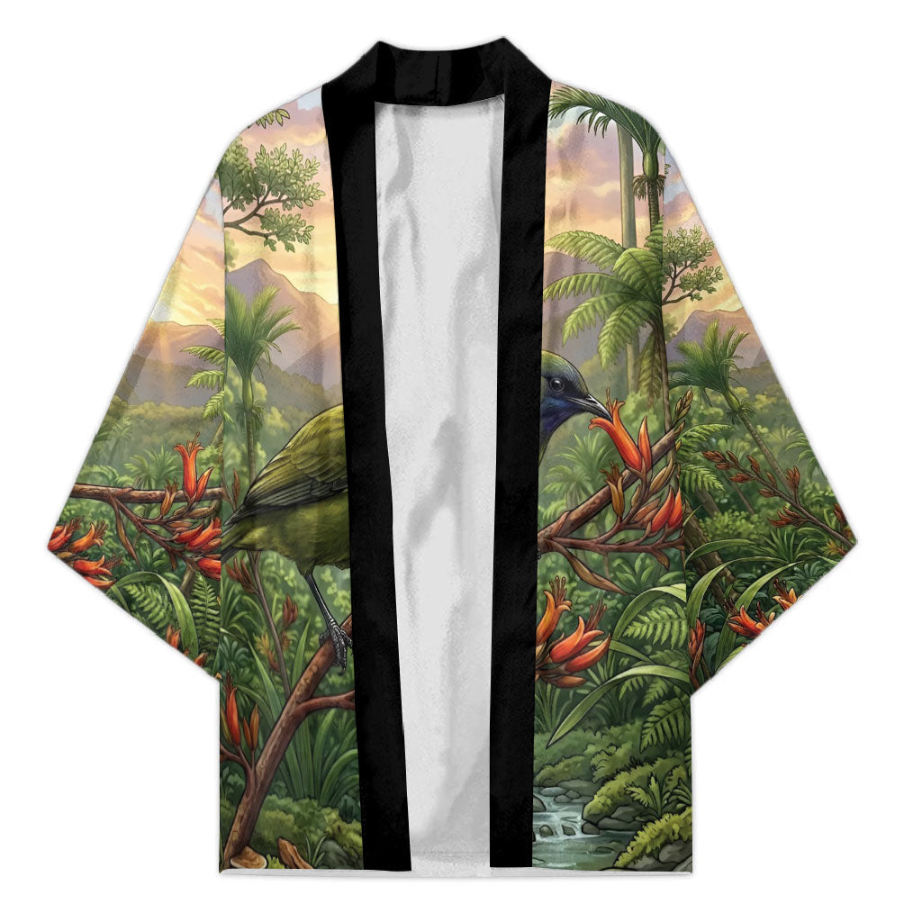 Bellbird New Zealand Personalised Kimono Korimako Harakeke Flower Native Forest
