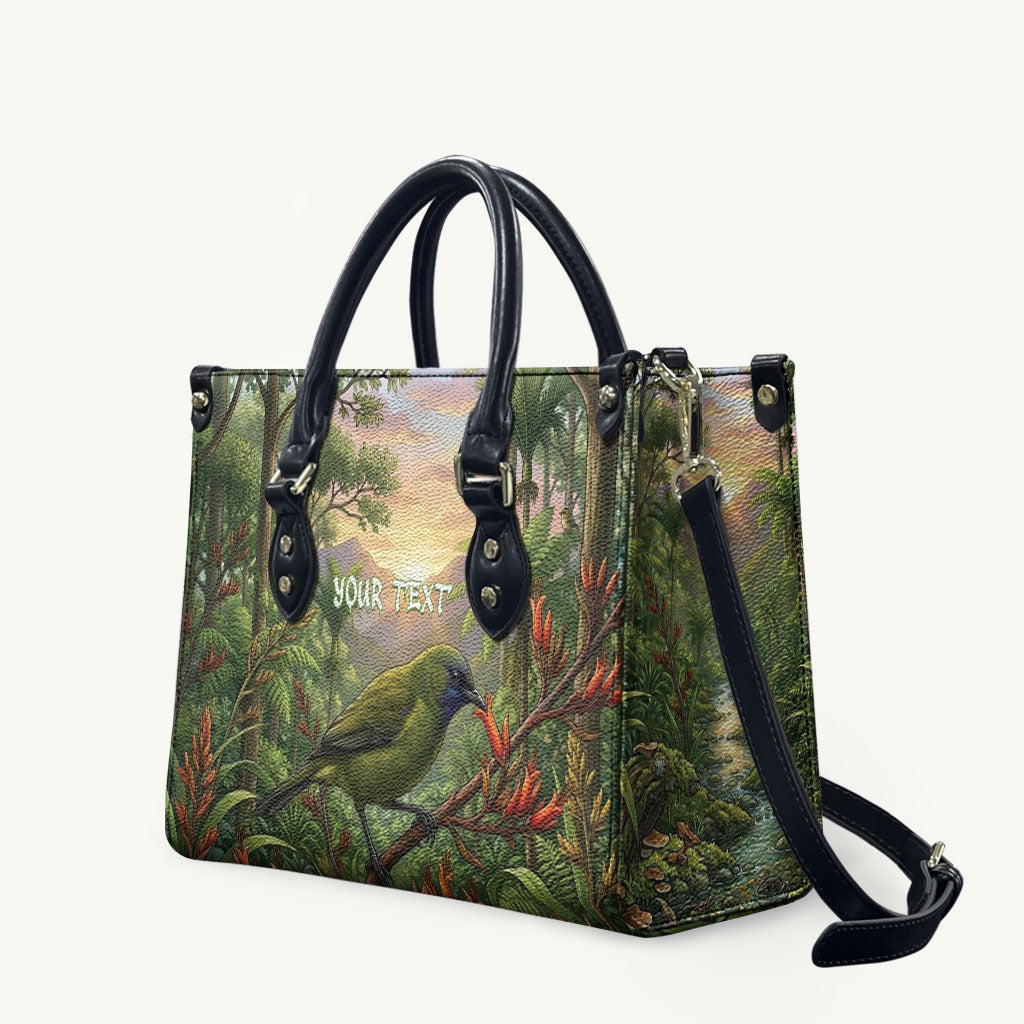 Bellbird New Zealand Personalised Leather Bag Korimako Harakeke Flower Native Forest