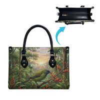 Bellbird New Zealand Personalised Leather Bag Korimako Harakeke Flower Native Forest