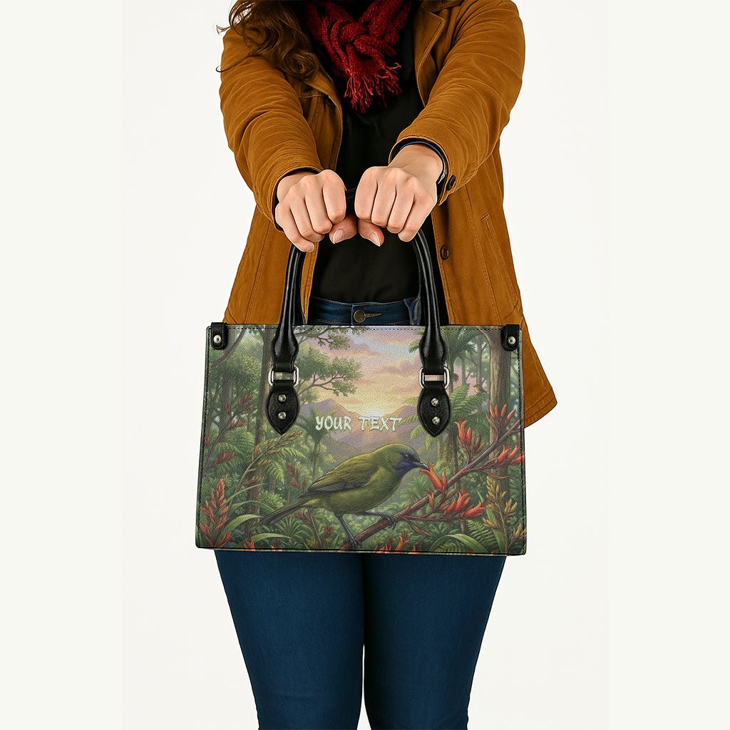 Bellbird New Zealand Personalised Leather Bag Korimako Harakeke Flower Native Forest