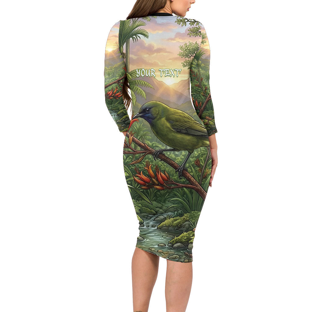 Bellbird New Zealand Personalised Long Sleeve Bodycon Dress Korimako Harakeke Flower Native Forest