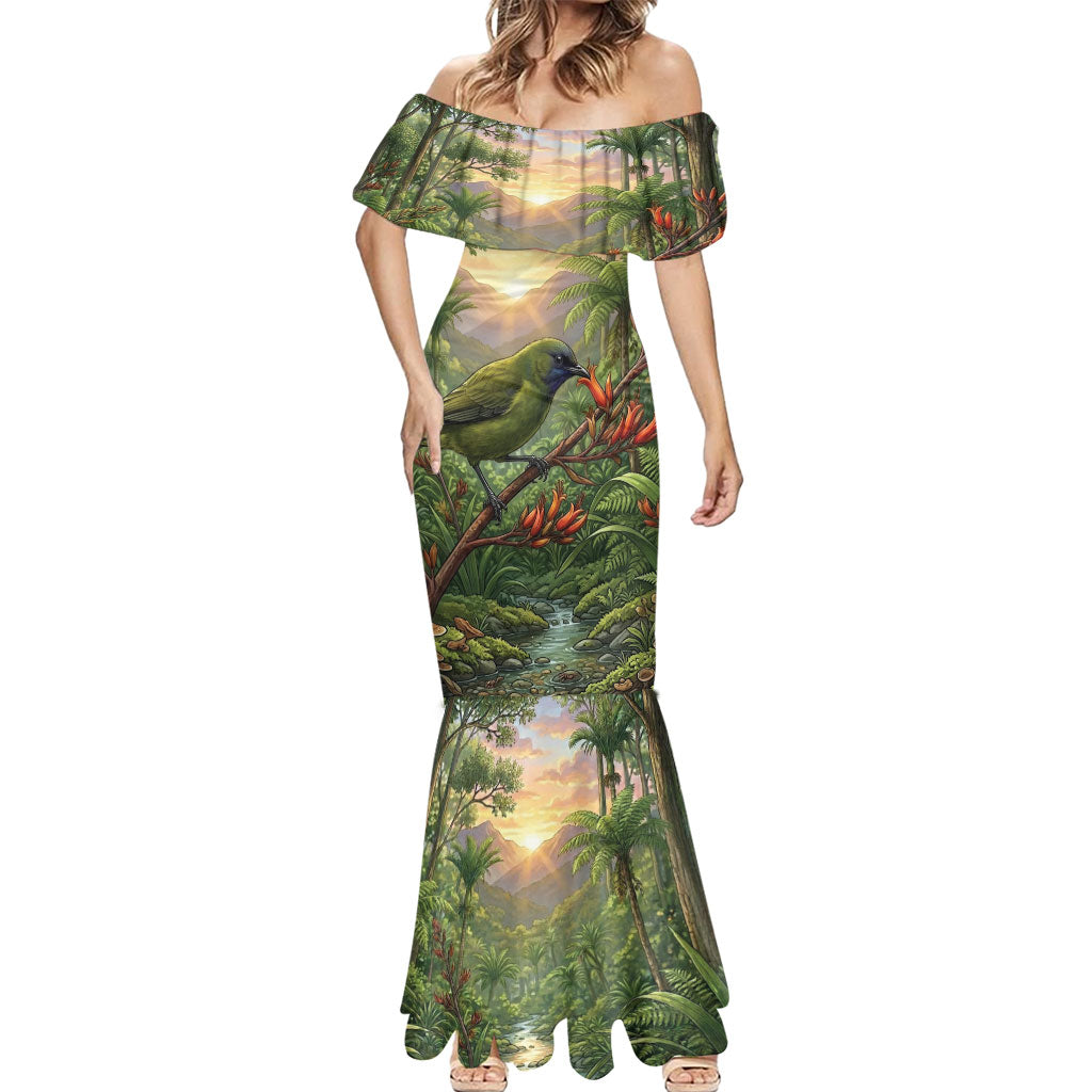 Bellbird New Zealand Personalised Mermaid Dress Korimako Harakeke Flower Native Forest