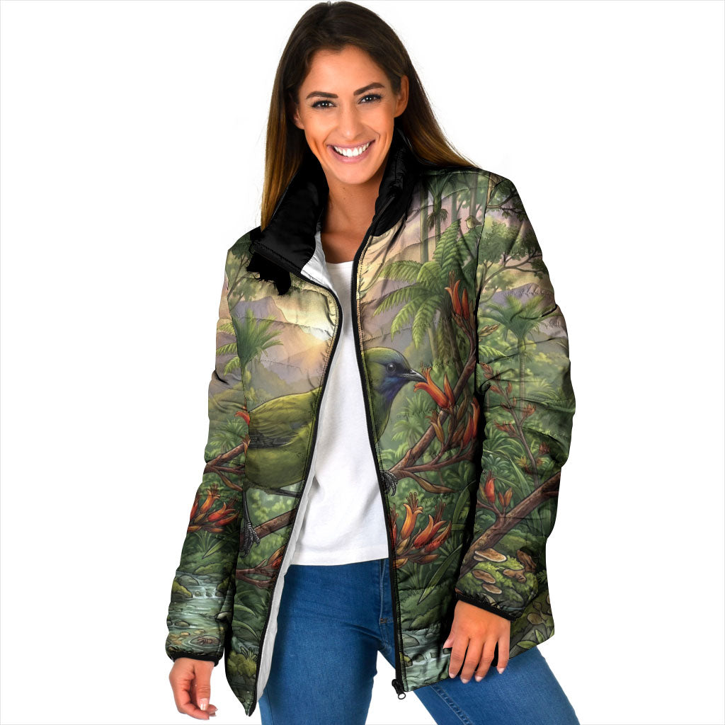 Bellbird New Zealand Personalised Padded Jacket Korimako Harakeke Flower Native Forest