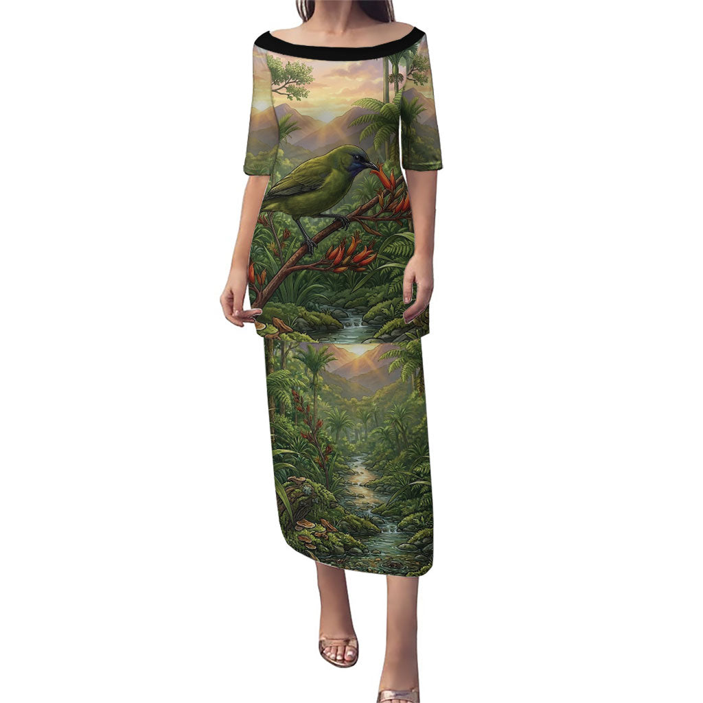 Bellbird New Zealand Personalised Puletasi Korimako Harakeke Flower Native Forest