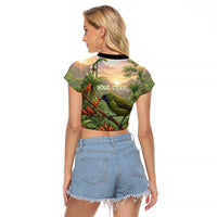 Bellbird New Zealand Personalised Raglan Cropped T Shirt Korimako Harakeke Flower Native Forest