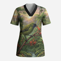 Bellbird New Zealand Personalised Scrub Top Korimako Harakeke Flower Native Forest LT22 Adult Green - Polynesian Pride