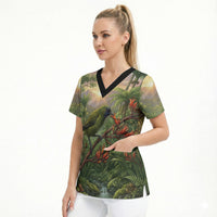 Bellbird New Zealand Personalised Scrub Top Korimako Harakeke Flower Native Forest LT22 - Polynesian Pride