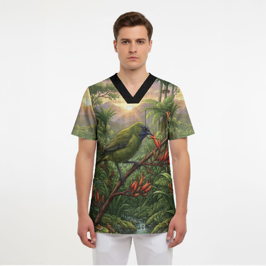 Bellbird New Zealand Personalised Scrub Top Korimako Harakeke Flower Native Forest LT22 - Polynesian Pride