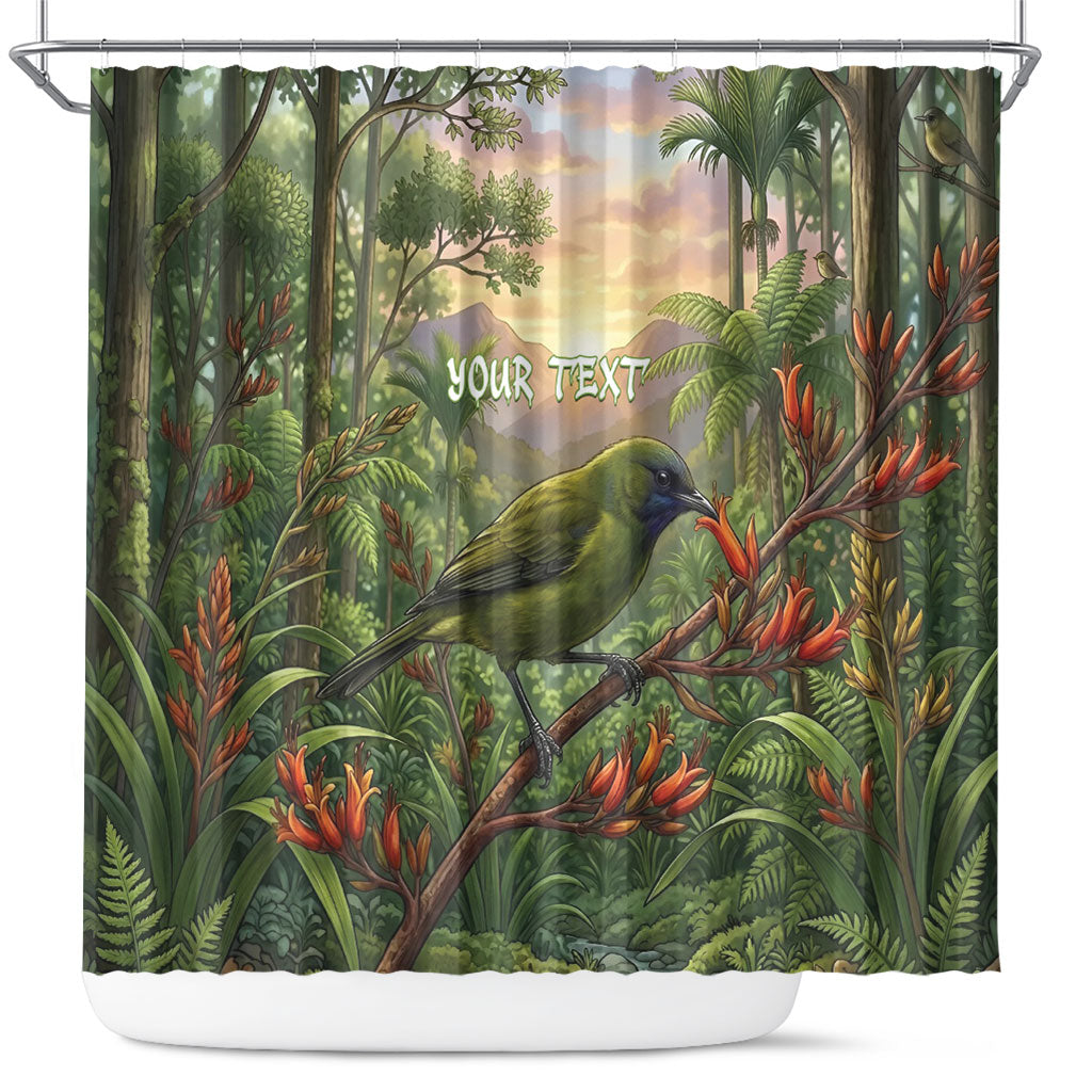 Bellbird New Zealand Personalised Shower Curtain Korimako Harakeke Flower Native Forest