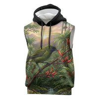 Bellbird New Zealand Personalised Sleeveless Hoodie Korimako Harakeke Flower Native Forest LT22 Green - Polynesian Pride
